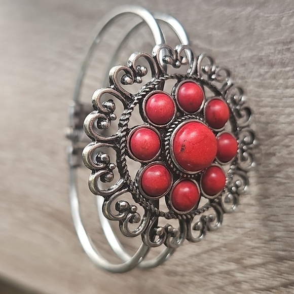 Elegant Silver and Red Coral Hinge Bracelet - Picture 6 of 6